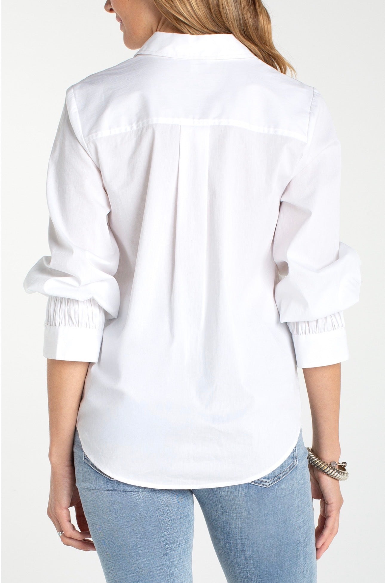 Adjustable sleeve button front woven top white