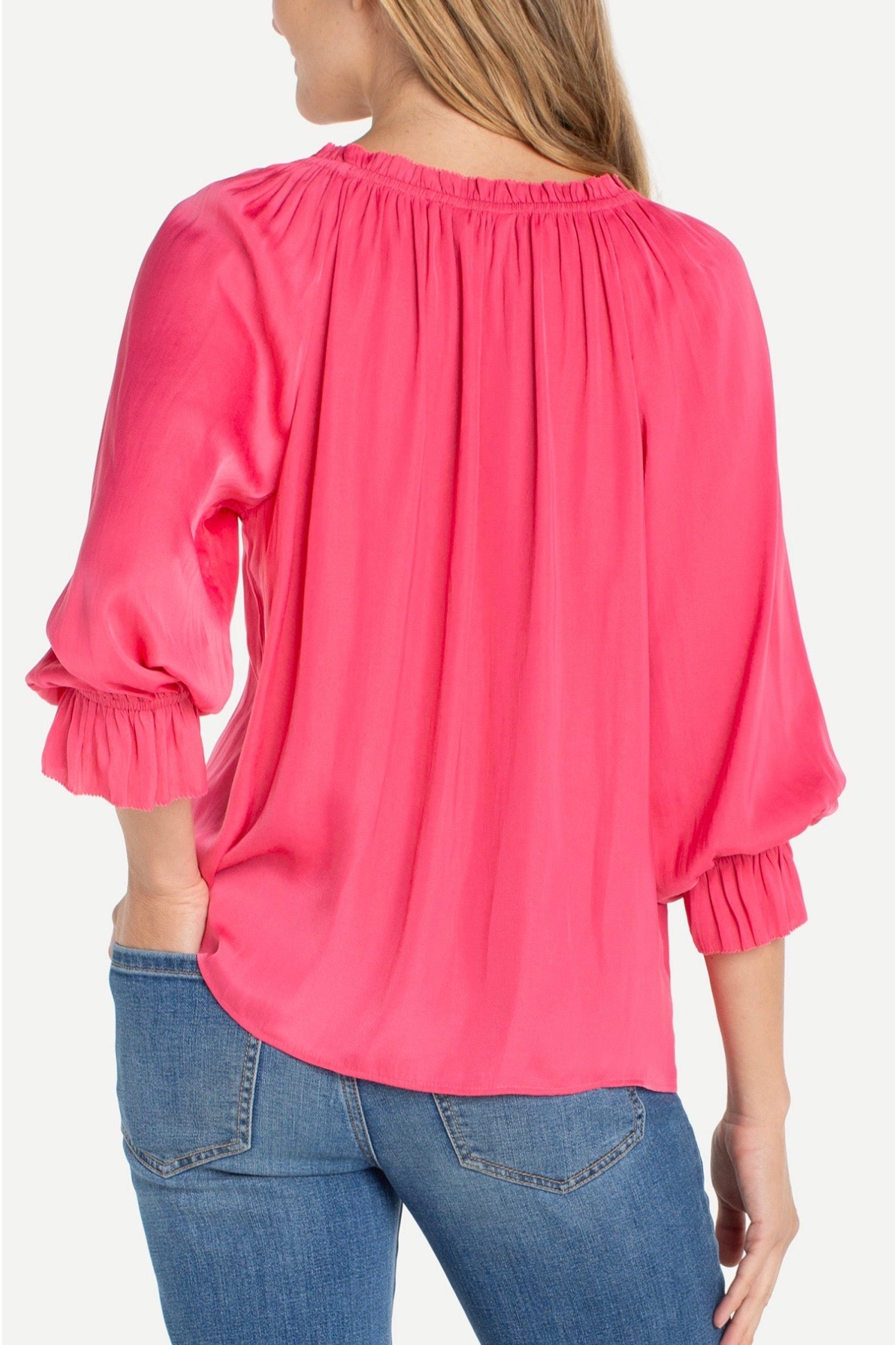 Three-quarter length sleeve button front woven top with ruffle details