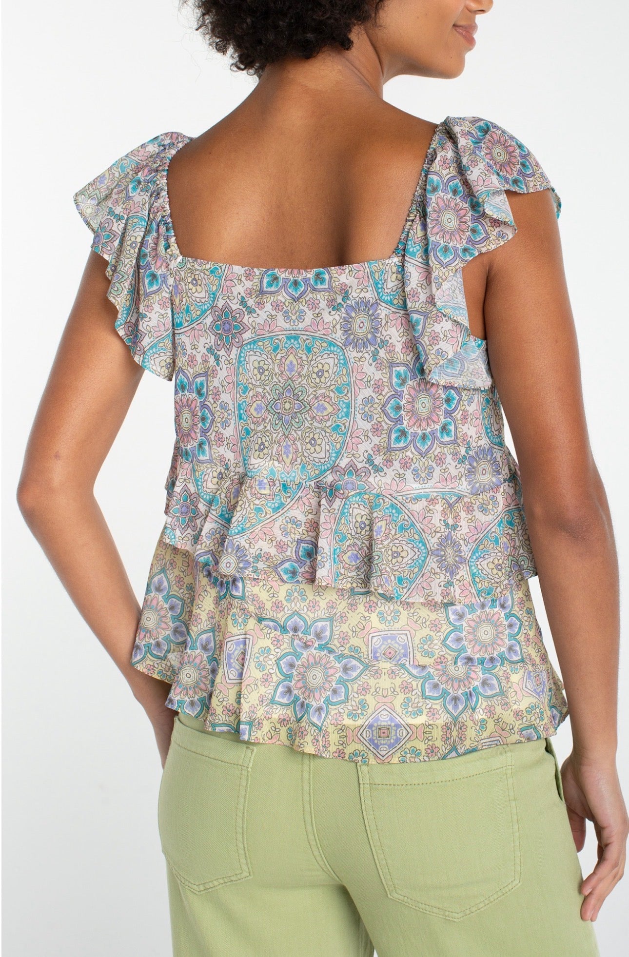 FLUTTER SLEEVE DRAPED WOVEN BLOUSE
