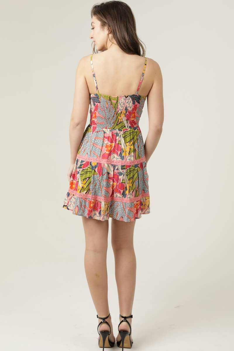 V NECK TWIST FRONT CUT OUT LACE TRIM DRESS