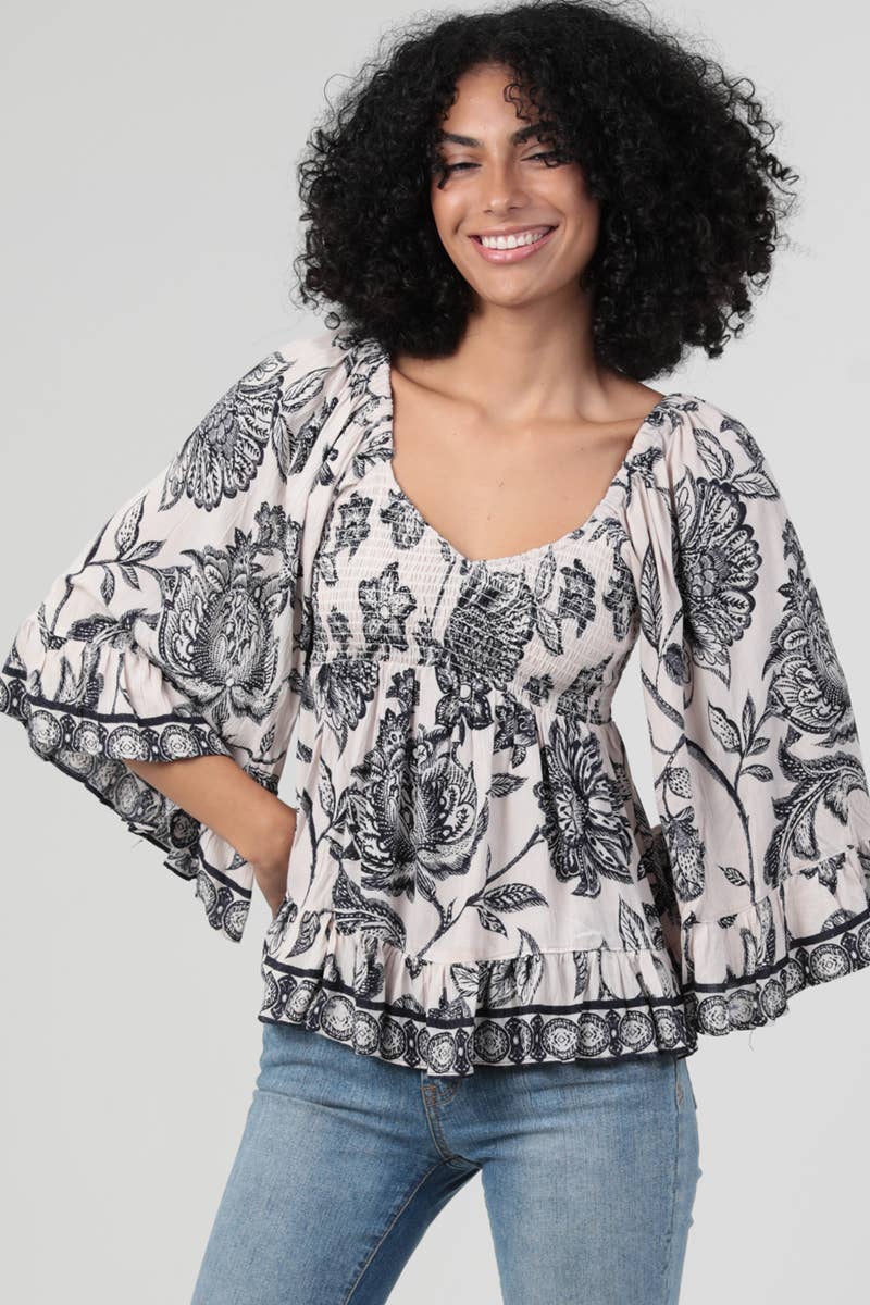 V NECK SMOCKED BUST FLARE BELL SLEEVE TOP