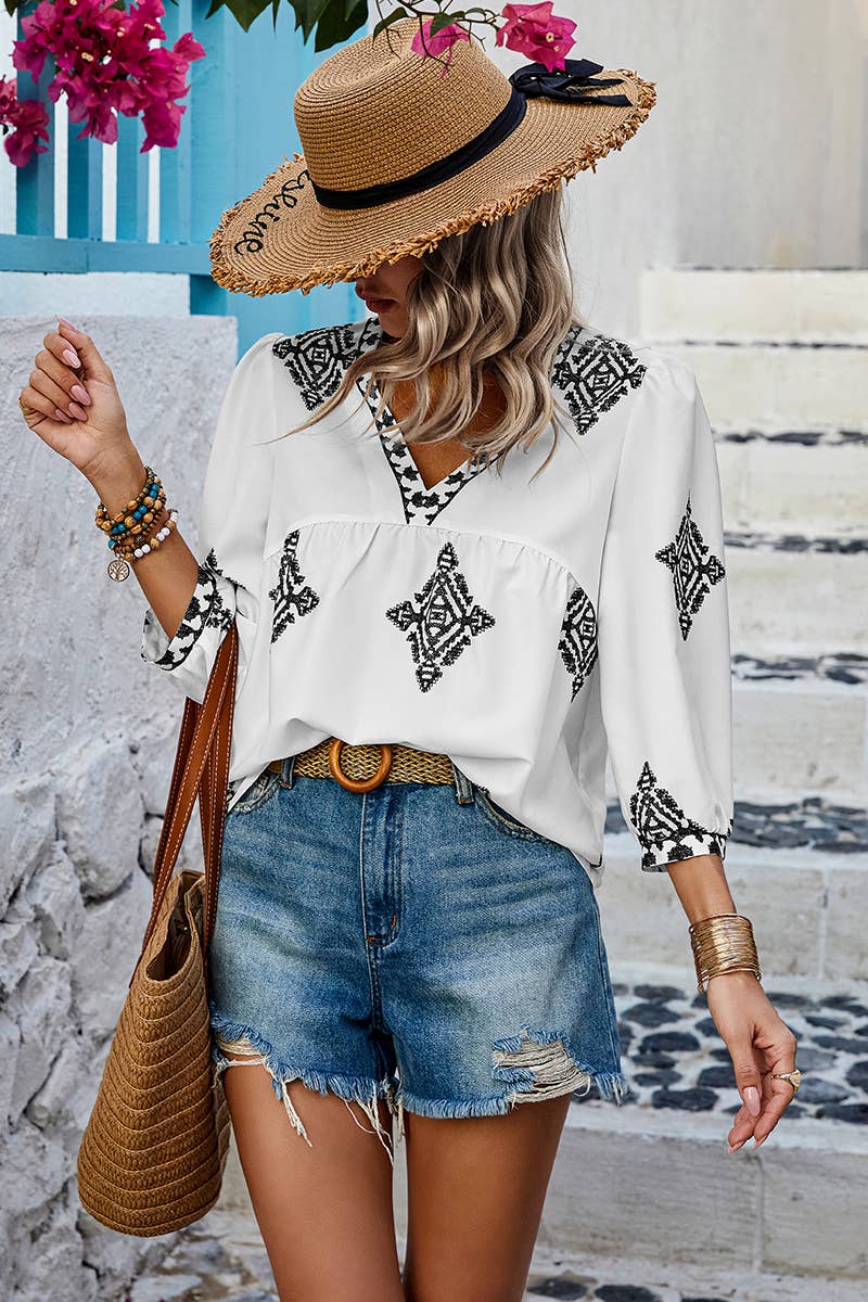 Printed V Neck Loose Puff Sleeves Shirts