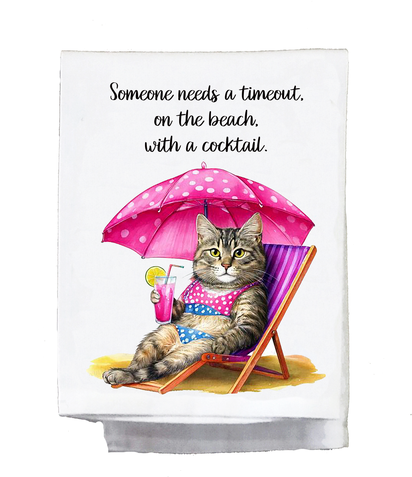 Sassy Cat, Dish Towel, Someone needs a timeout, on the beach