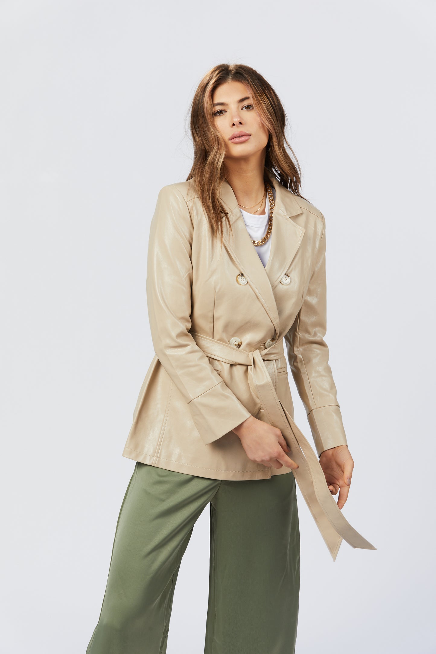 SHACI BEIGE VEGAN LEATHER BLAZER
