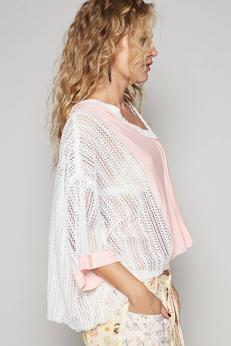 Quarter sleeve floral print crochet knit top