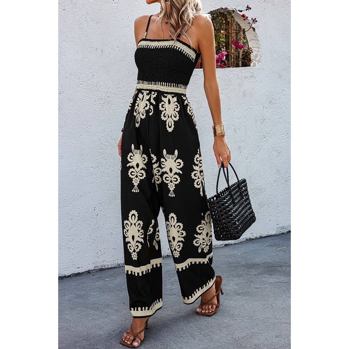 Off Shoulder Ruched Printed High Waist Jumpsuit in Navy