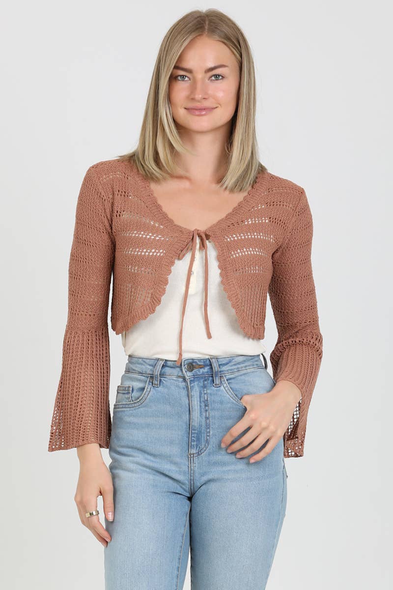 FLARE SLEEVE TIE FRONT CROP CROCHET CARDIGAN
