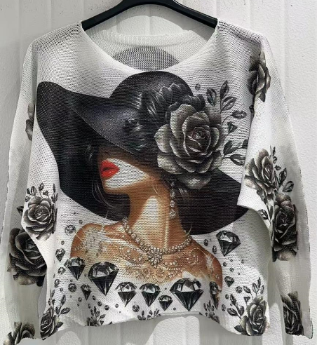 White Lady Round Knit Printed Sweater LOOWIE