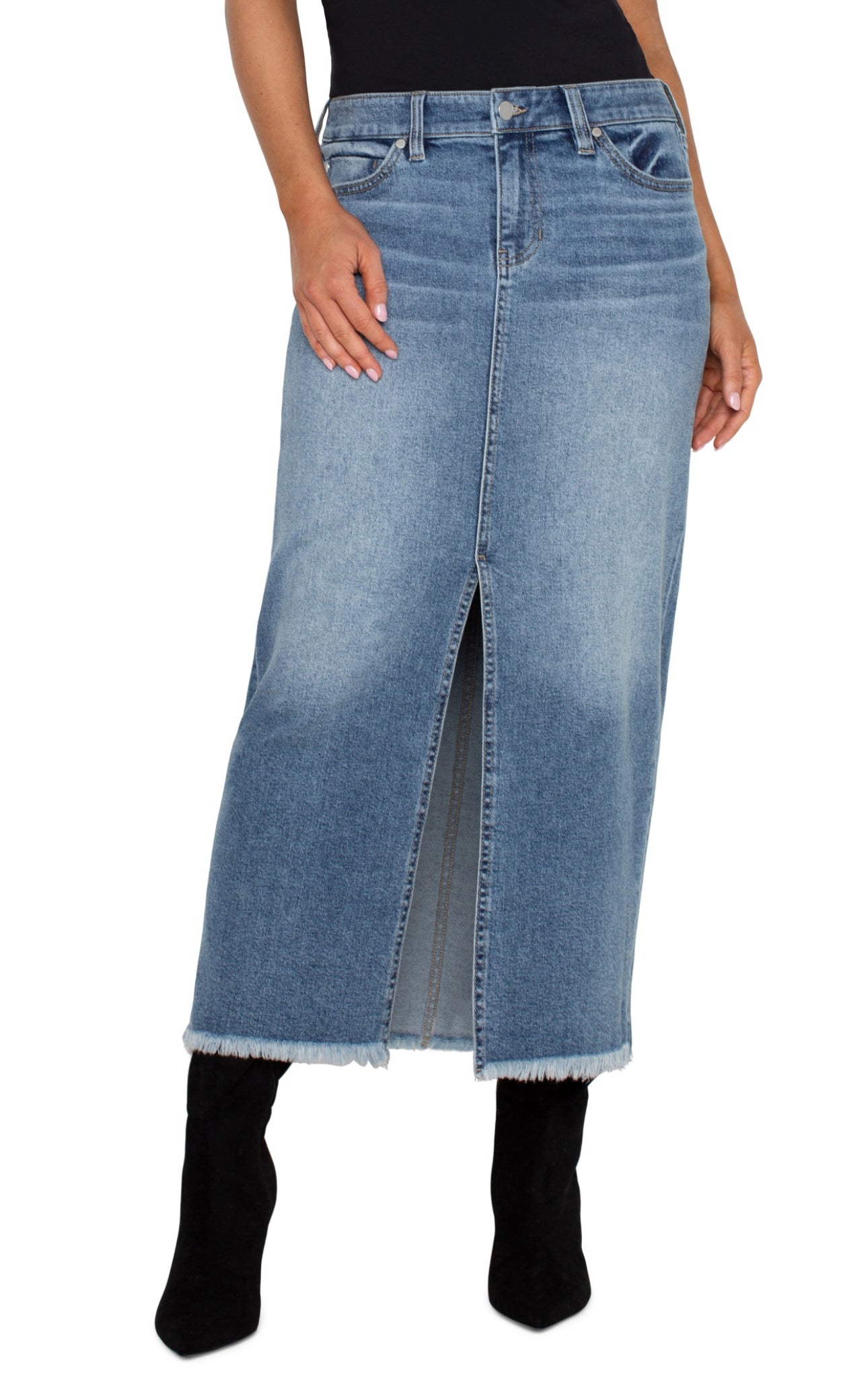5 POCKET FRONT SLIT MAXI SKIRT WITH FRAYED HEM 34.5 INSEAM