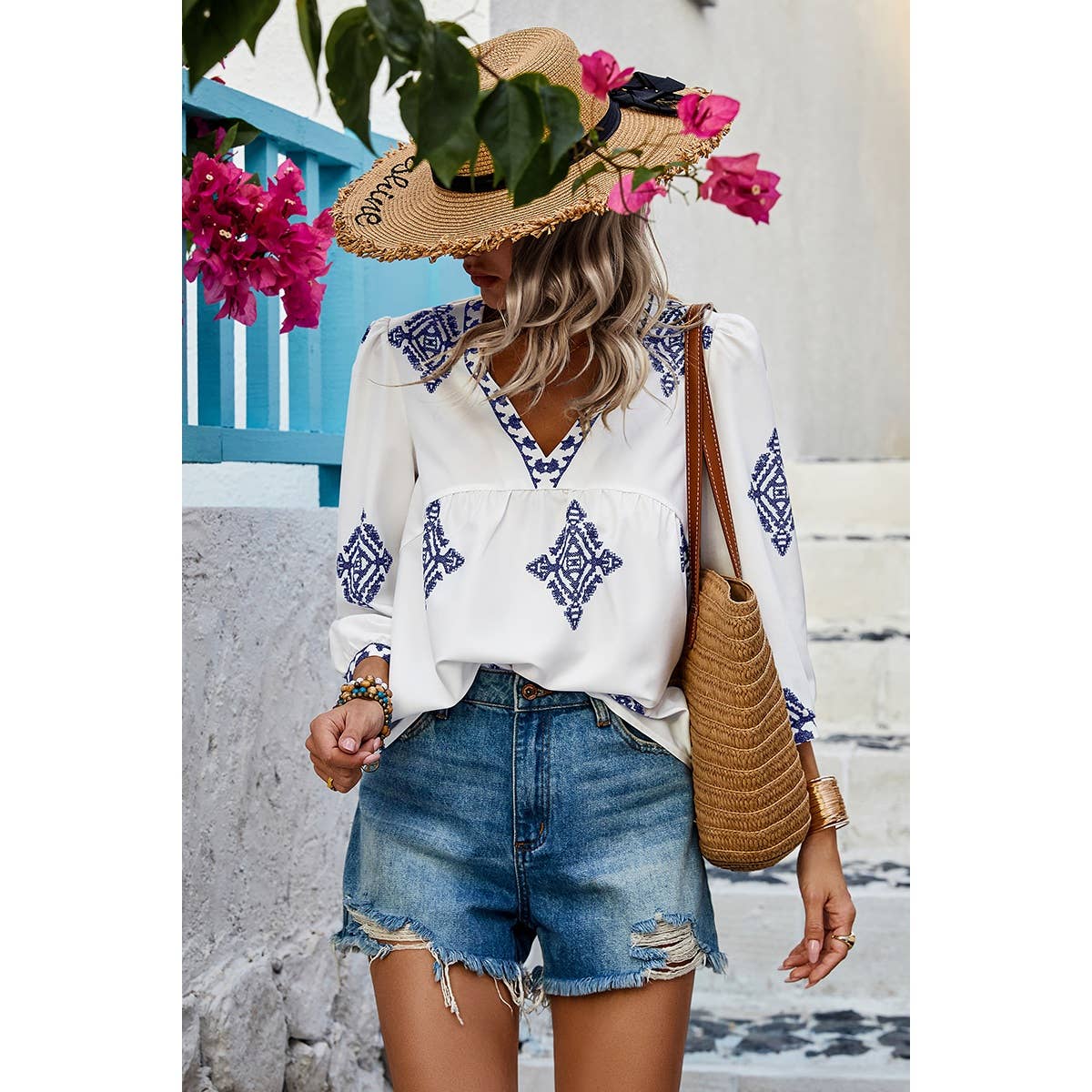 Printed V Neck Loose Puff Sleeves Shirts