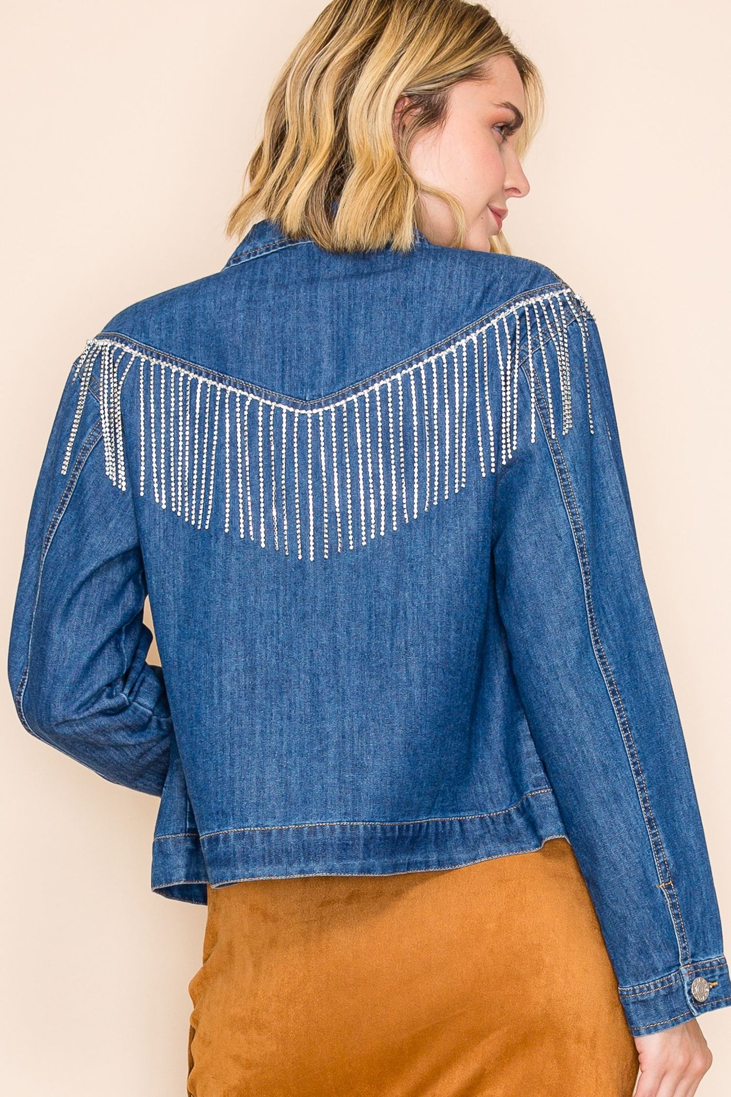 Denim jacket with silver fringe and button details