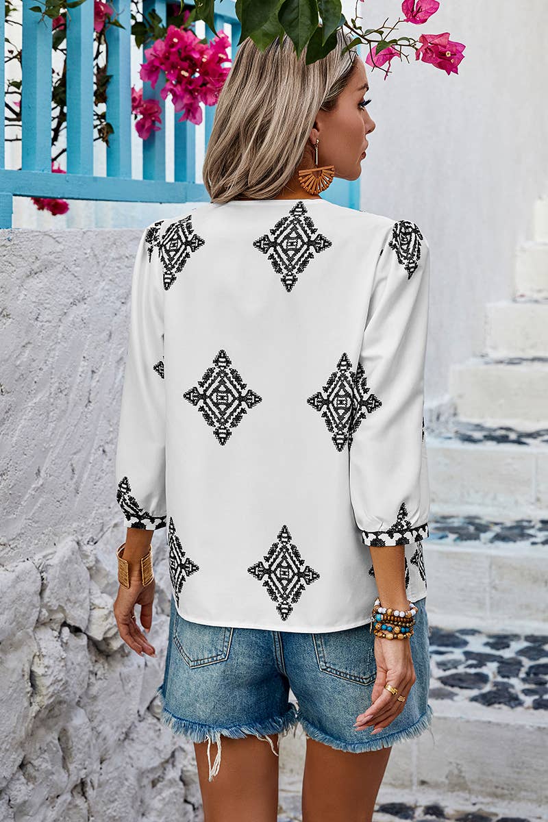 Printed V Neck Loose Puff Sleeves Shirts