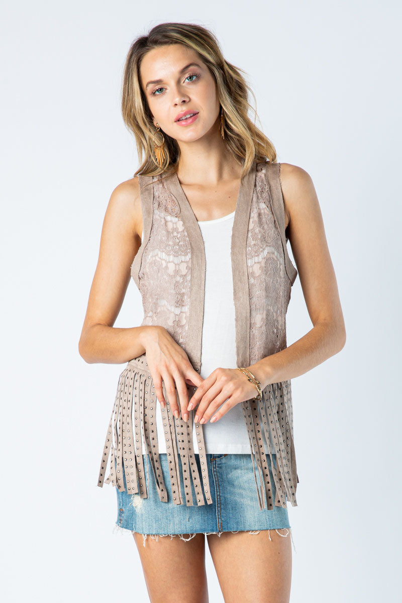 VOCAL LACE VEST WITH STUDDED FRINGES