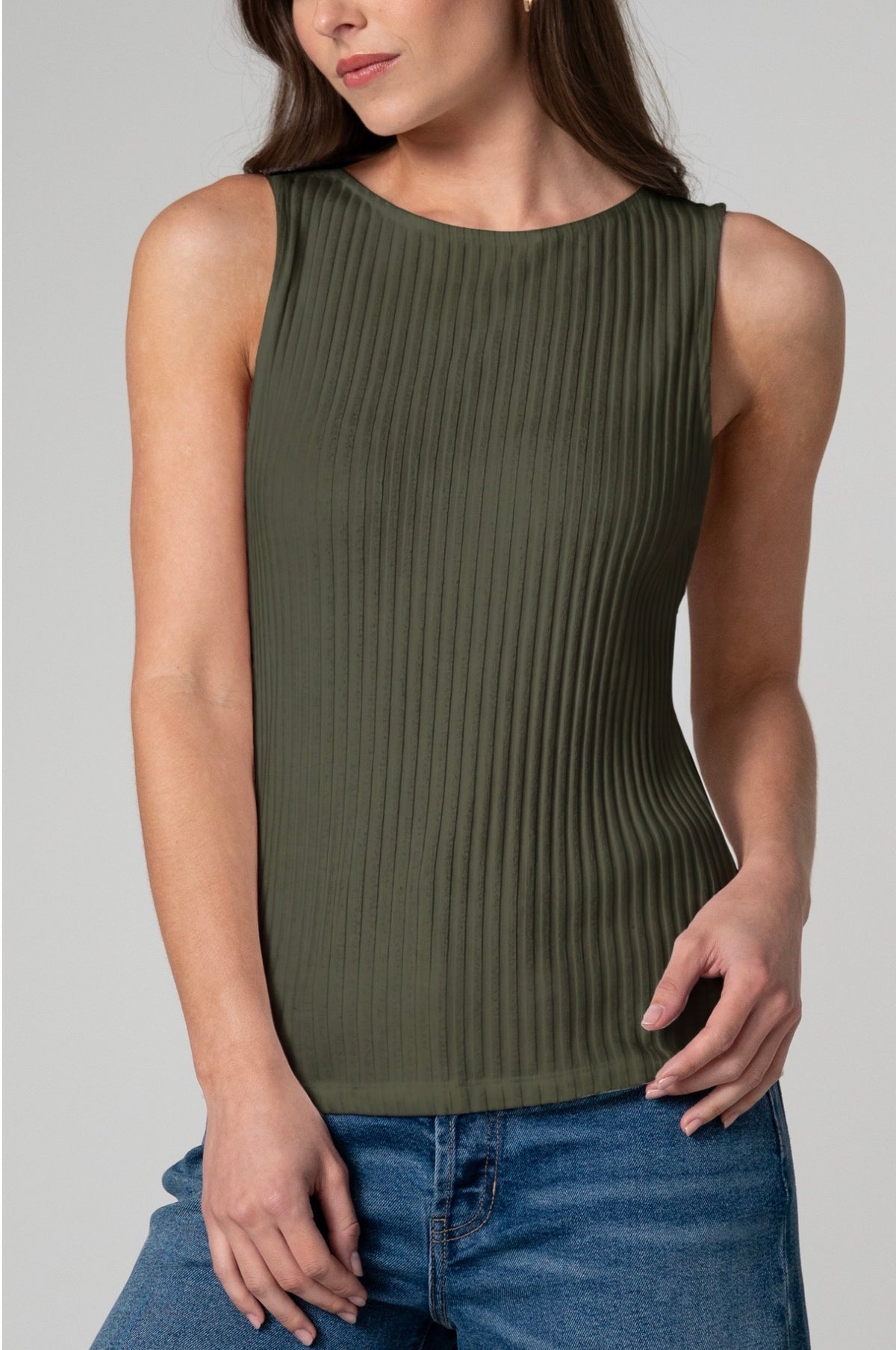 Sleeveless high boat, neck knit top in Hunter Green