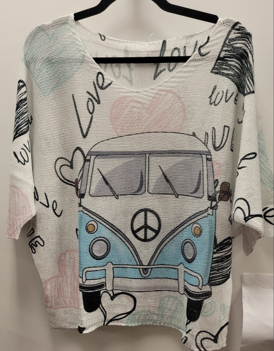 White Love Van Knit Printed Sweater 3/4 sleeves