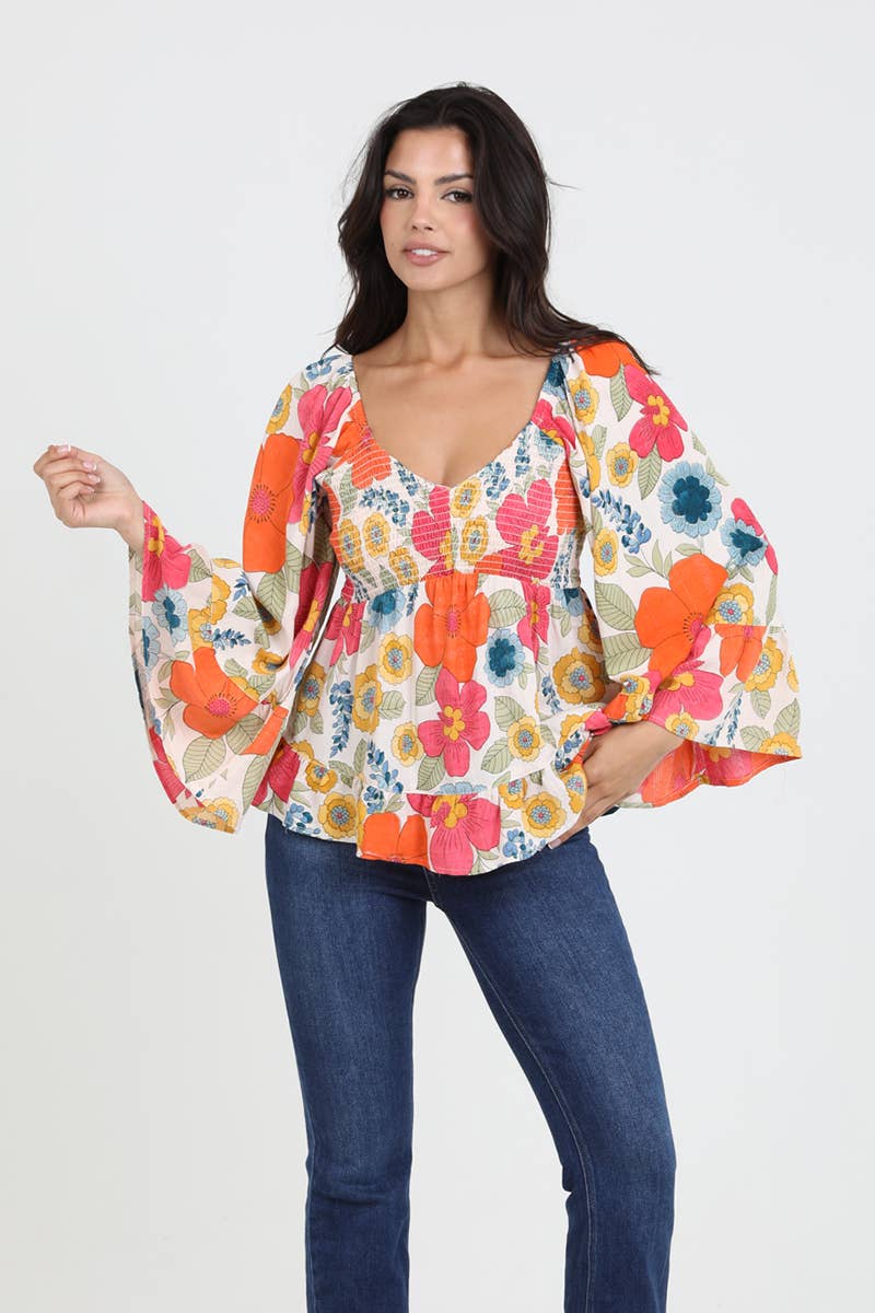 V NECK SMOCKED BUST WIDE BELL SLEEVE FLORAL BLOUS