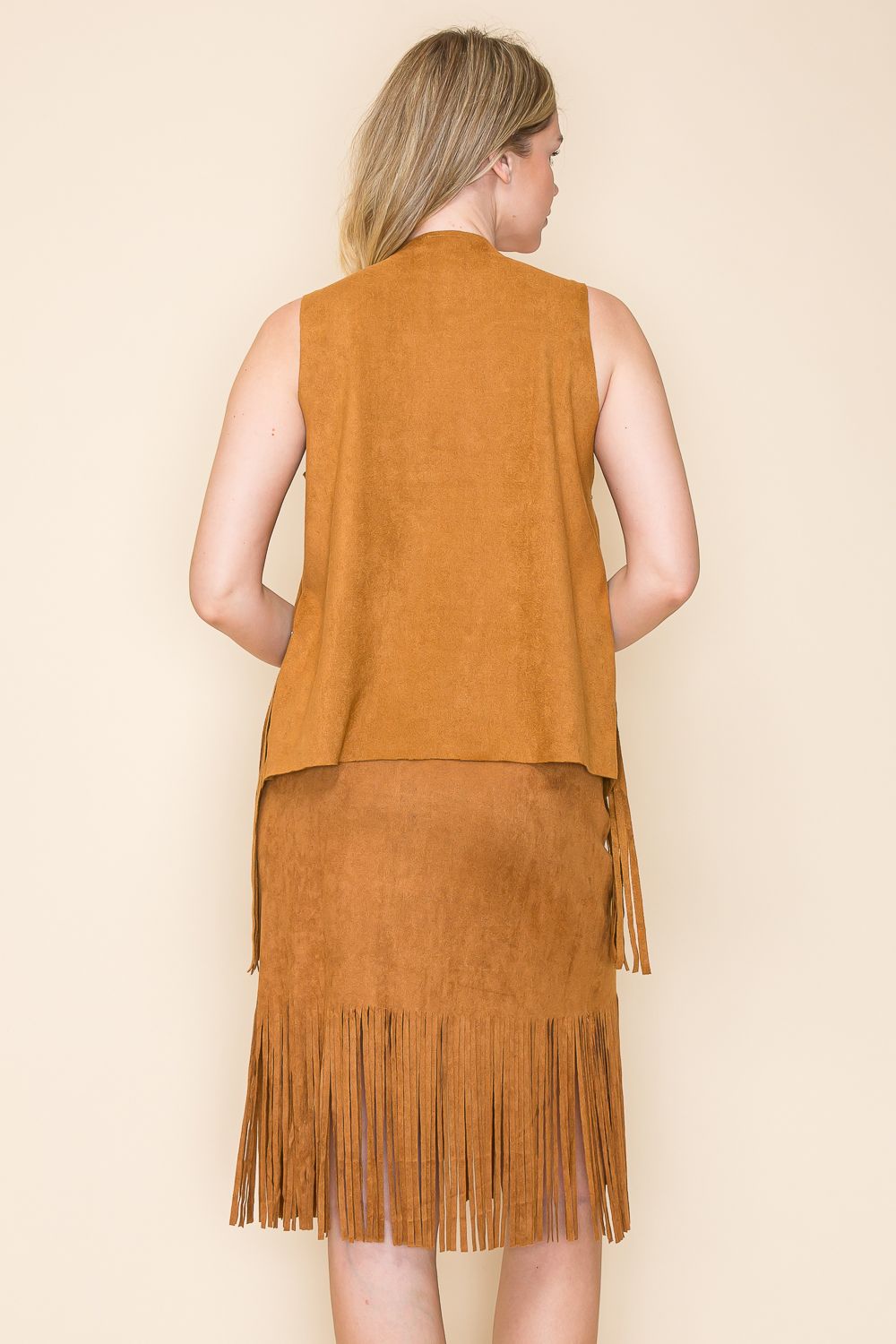 Camel color, suede fabric fringe vest with rhinestones