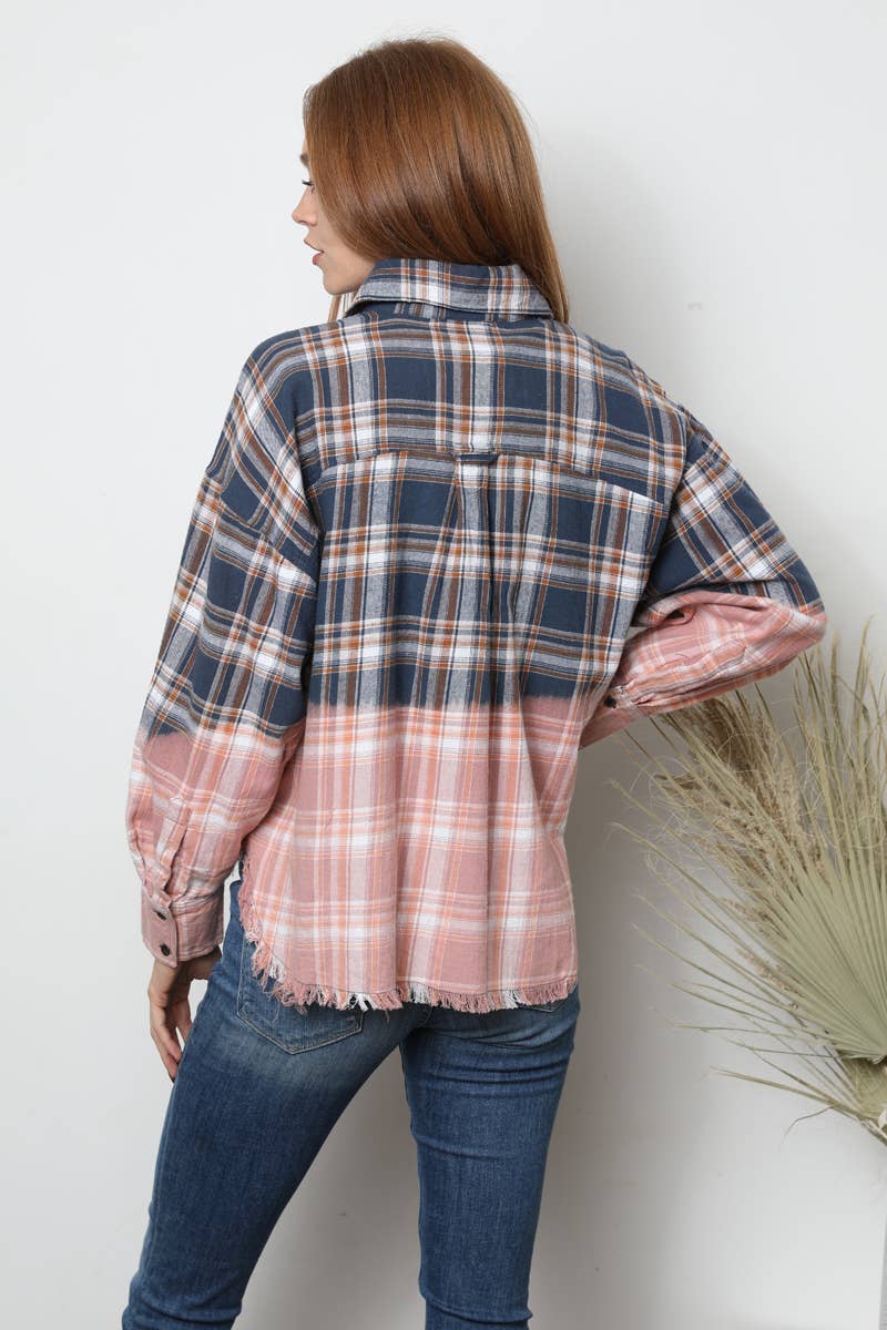 PLAID BLEACH OMBRE DIP DYE BUTTON FRONT SHIRT