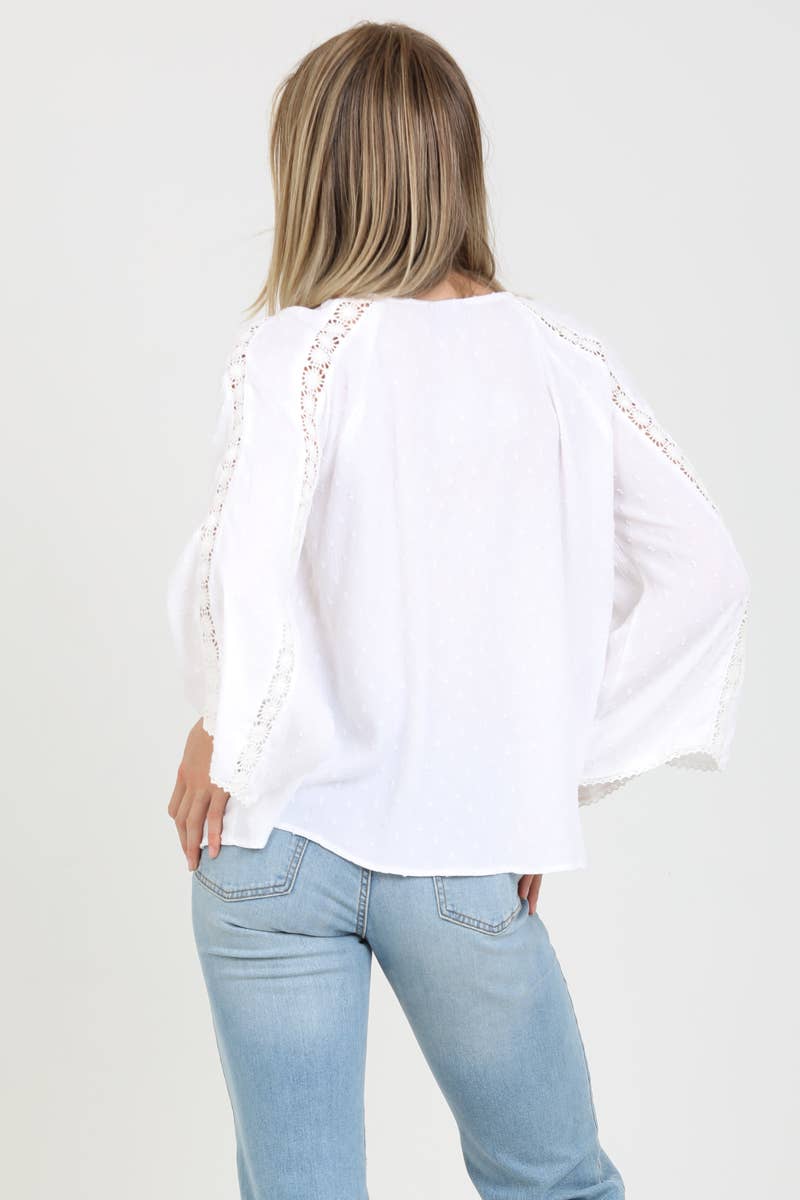 FLARE BELL SLEEVE LACE INSET V NECK TOP