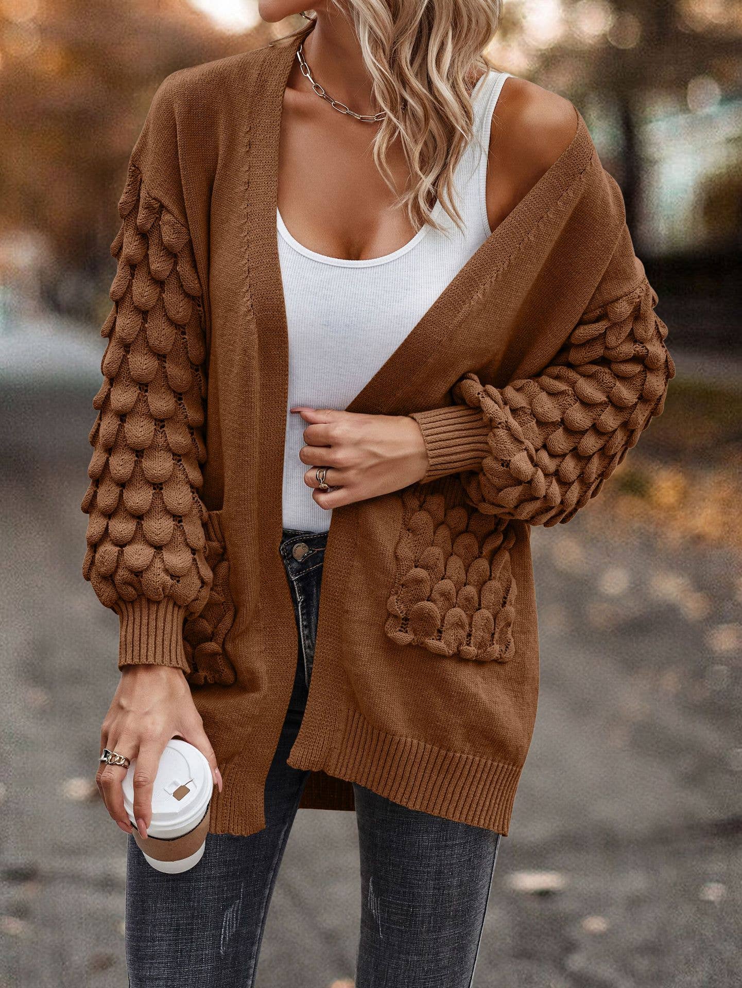 Knit Scalloped Detail Open Cardigan