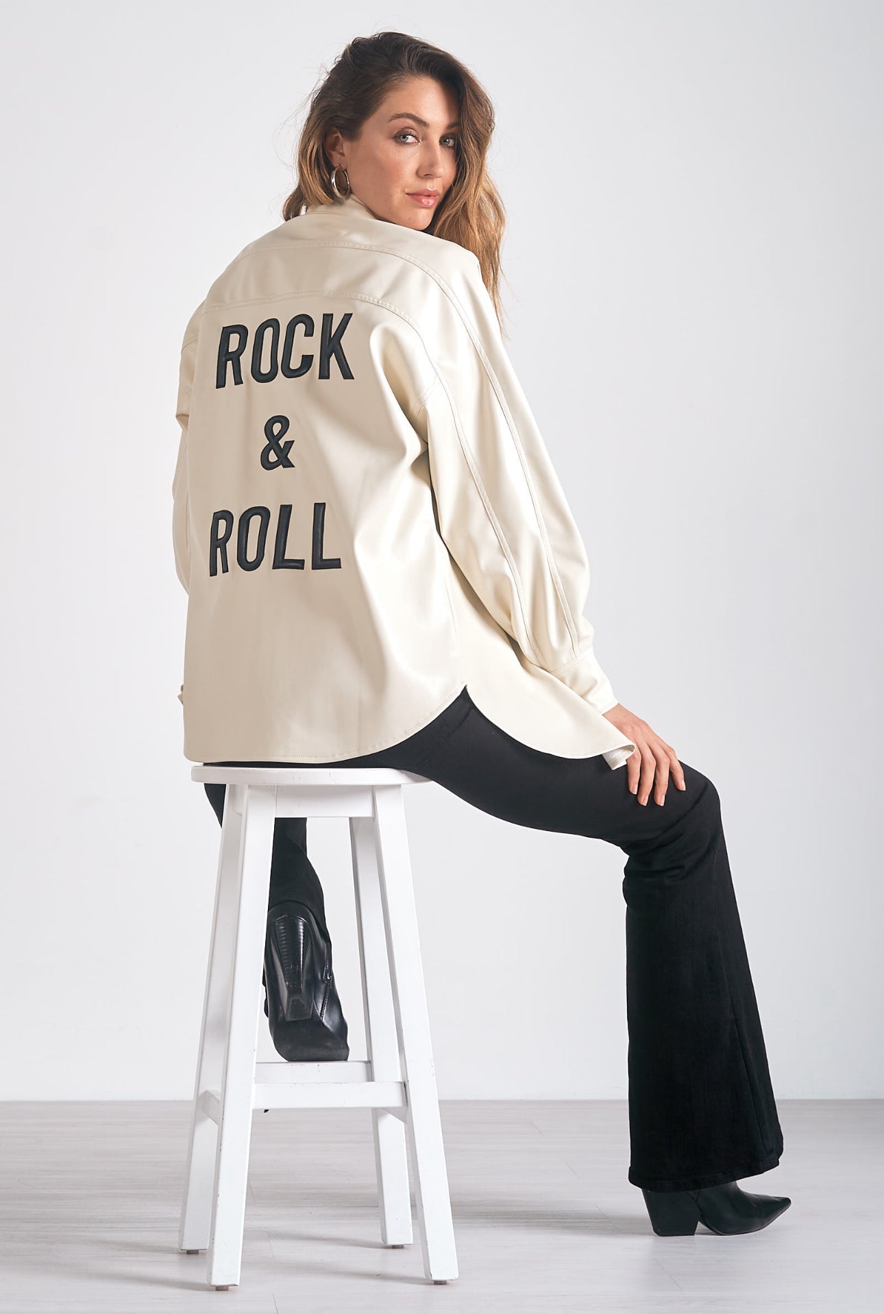 CREAM SOFT PLEATHER JACKET ROCK & ROLL