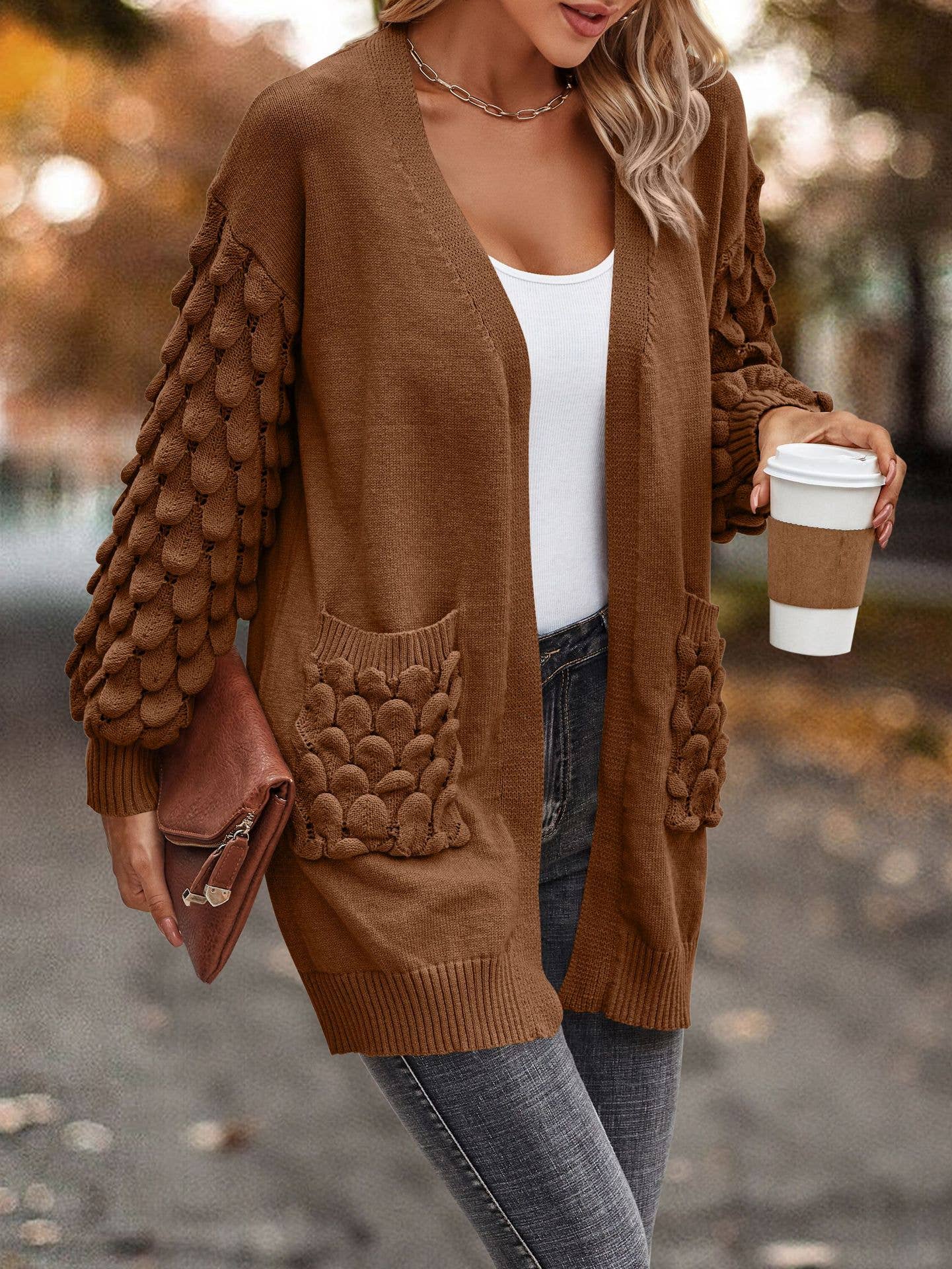 Knit Scalloped Detail Open Cardigan