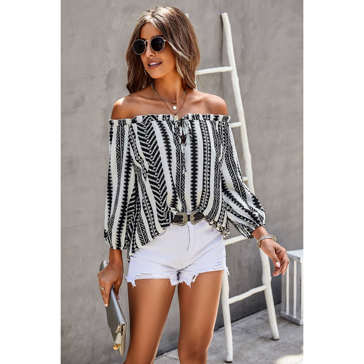 Printed Off Shoulder Frilled Tie Lantern Sleeve Shirt