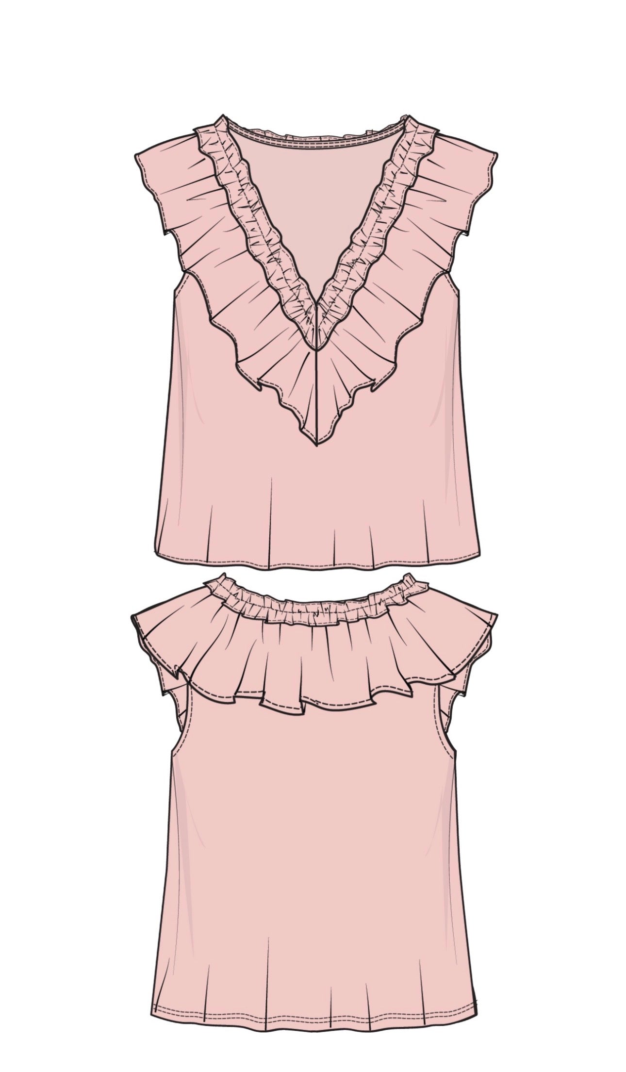 Ruffle front sleeveless woven knit top in light rose