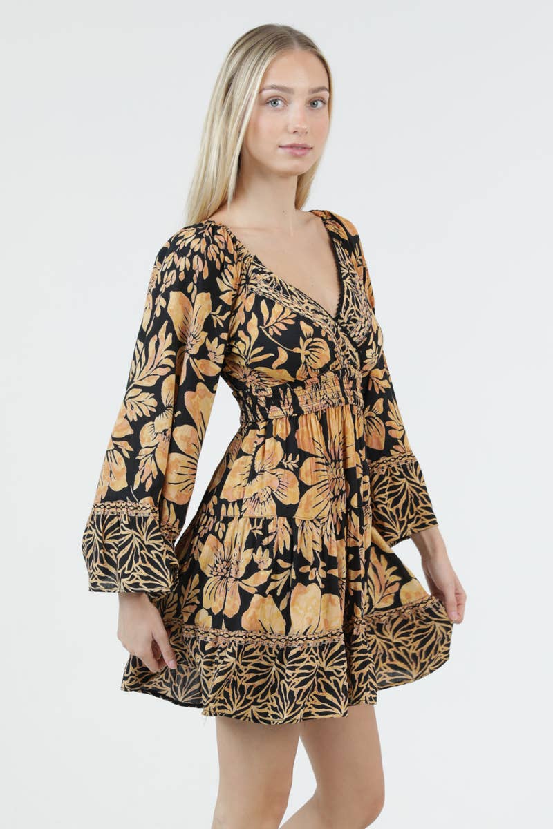 V NECK WIDE BELL SLEEVE PRINTED SHORT DRESS