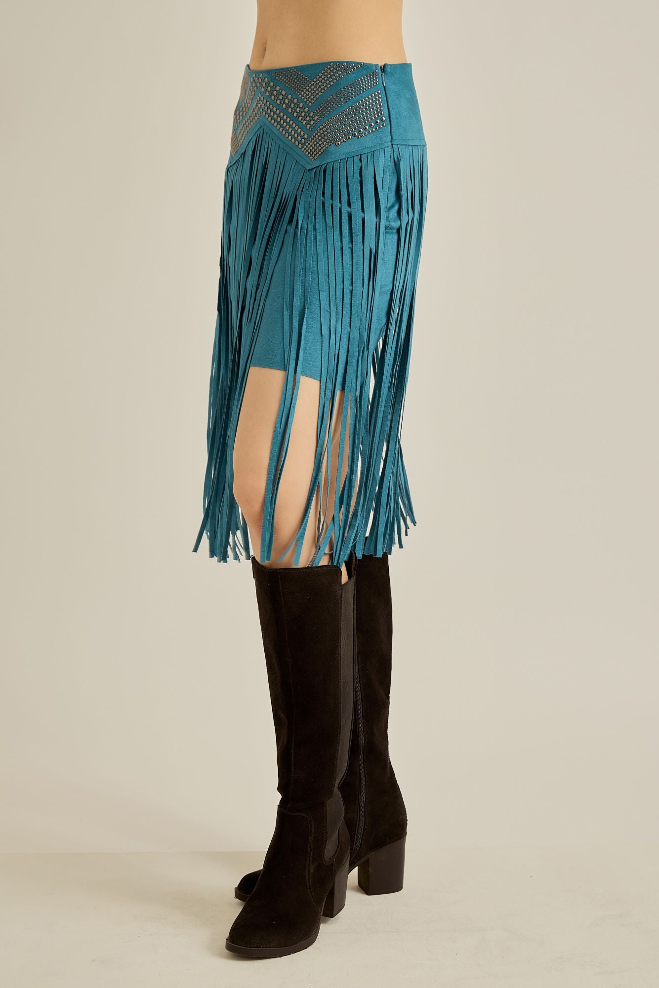 Stone and suede fringe skirt in teal