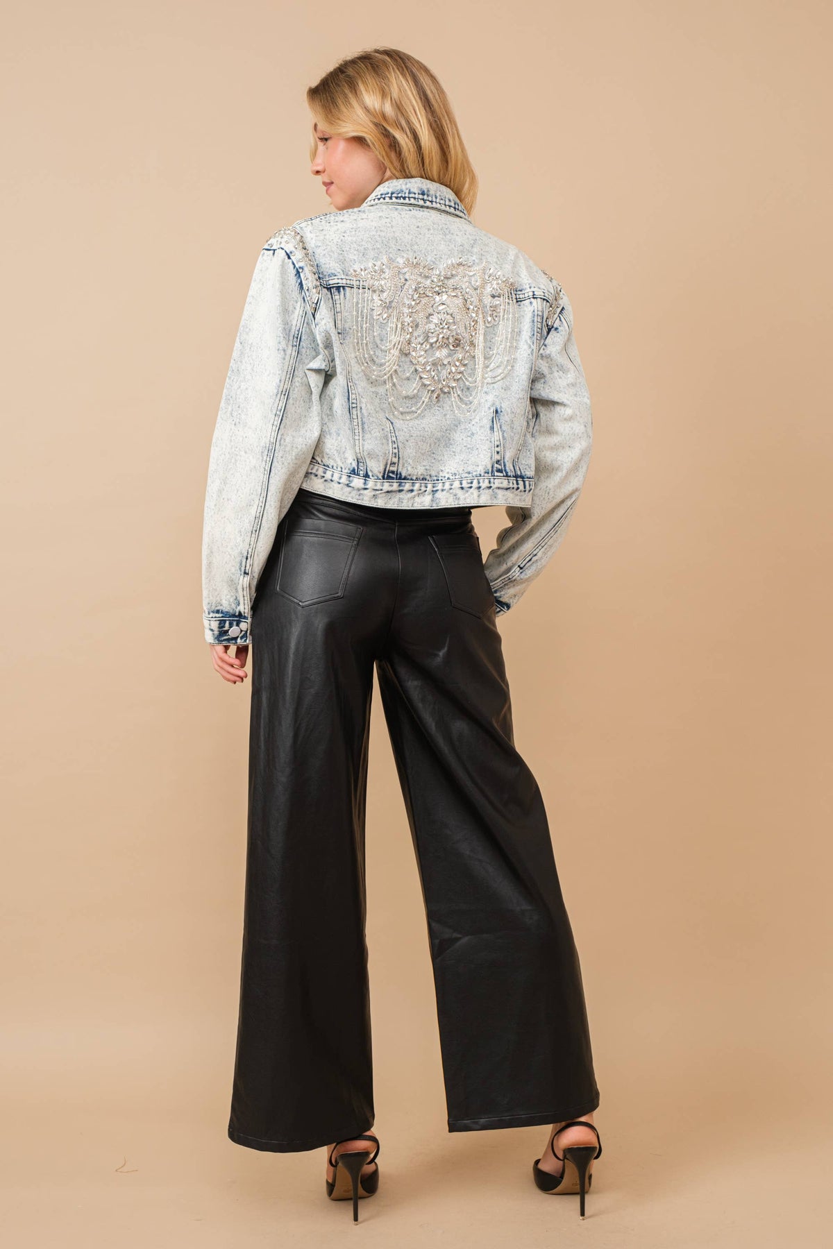 Acid Washed Shoulder Beading Denim Jacket