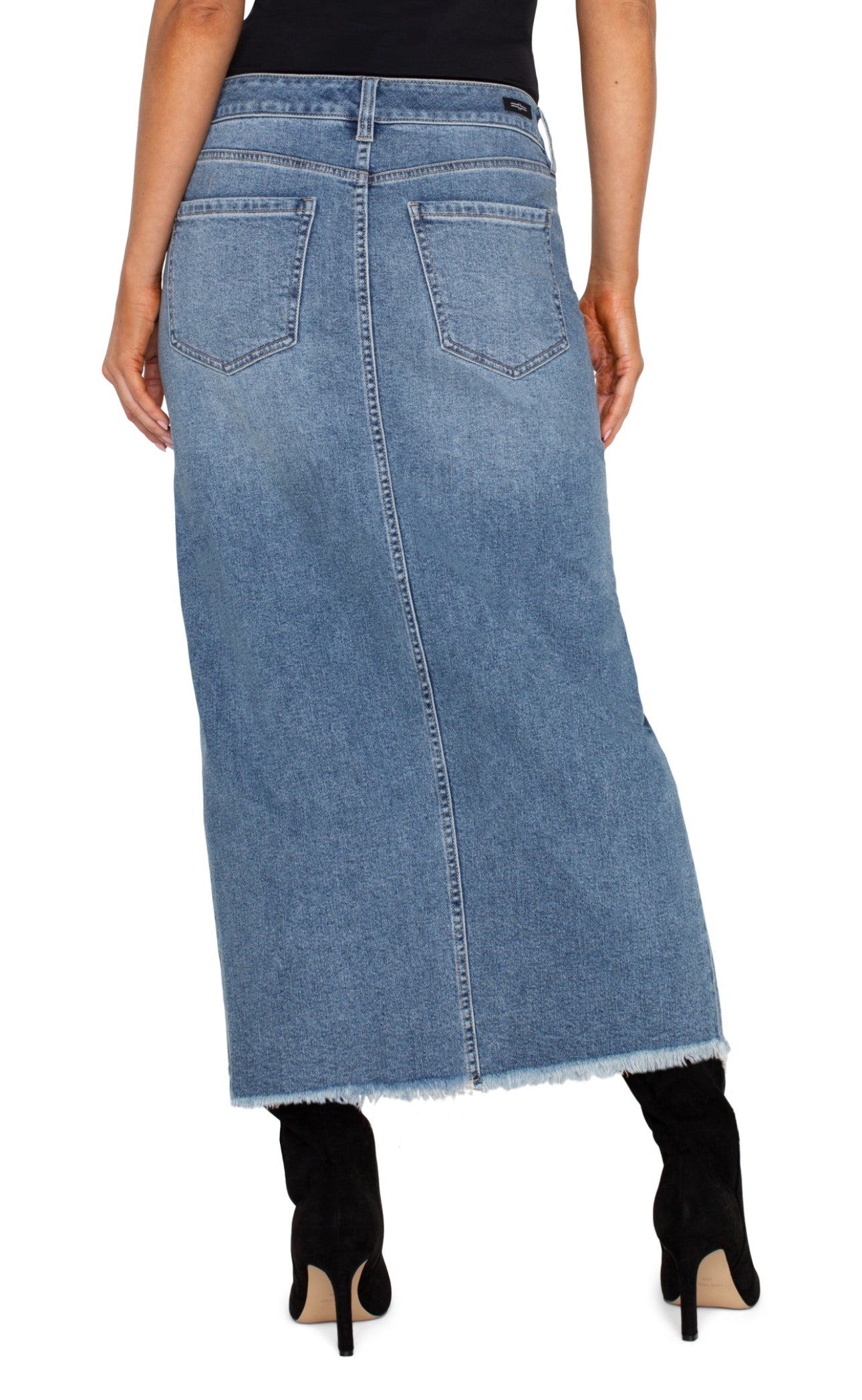5 POCKET FRONT SLIT MAXI SKIRT WITH FRAYED HEM 34.5 INSEAM