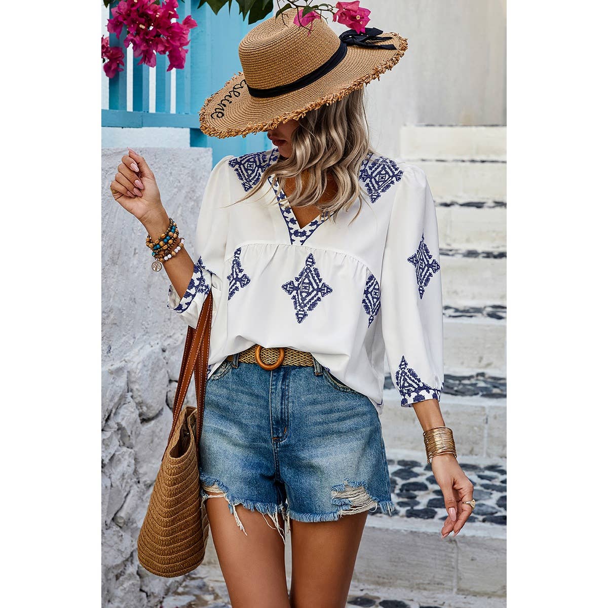 Printed V Neck Loose Puff Sleeves Shirts