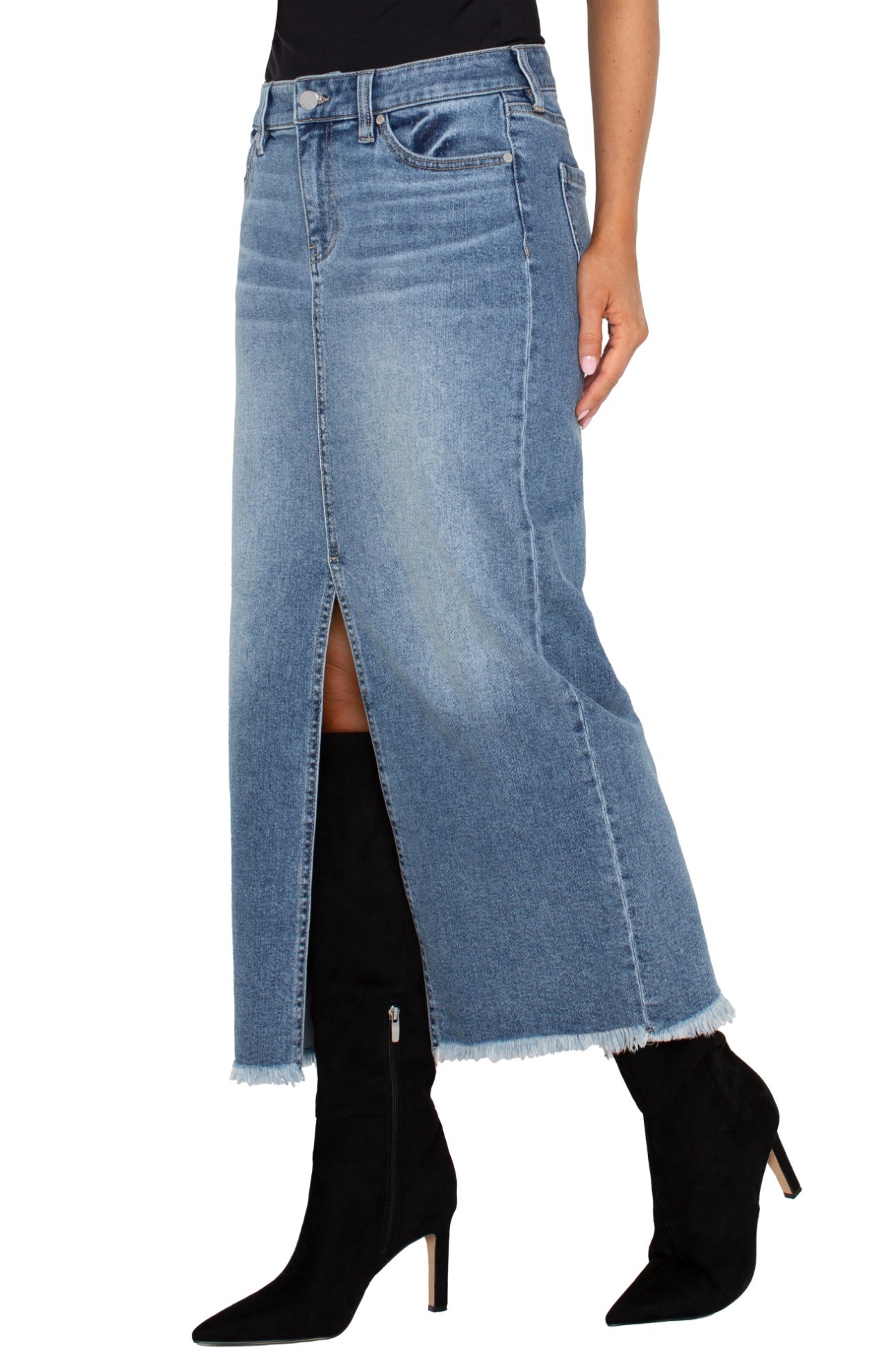5 POCKET FRONT SLIT MAXI SKIRT WITH FRAYED HEM 34.5 INSEAM