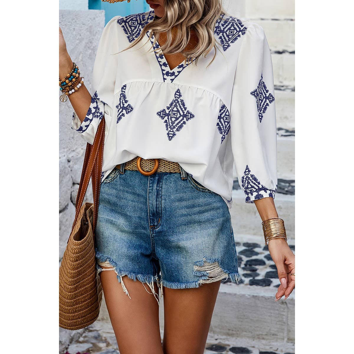 Printed V Neck Loose Puff Sleeves Shirts