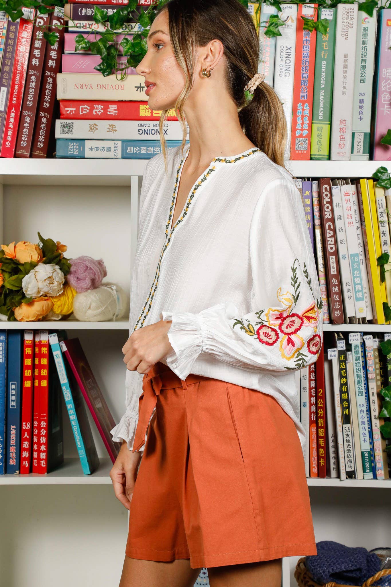 Bohemian Floral Embroidered Round Split Neck Blouse