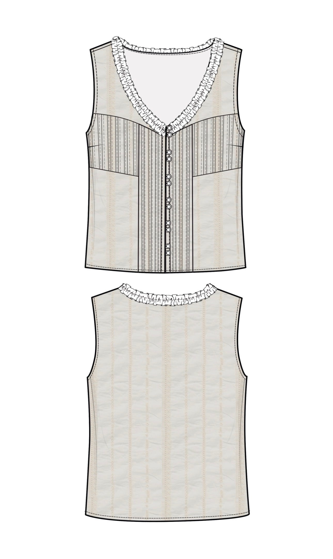 Sleeveless pin tucked woven top with ruffles in cream