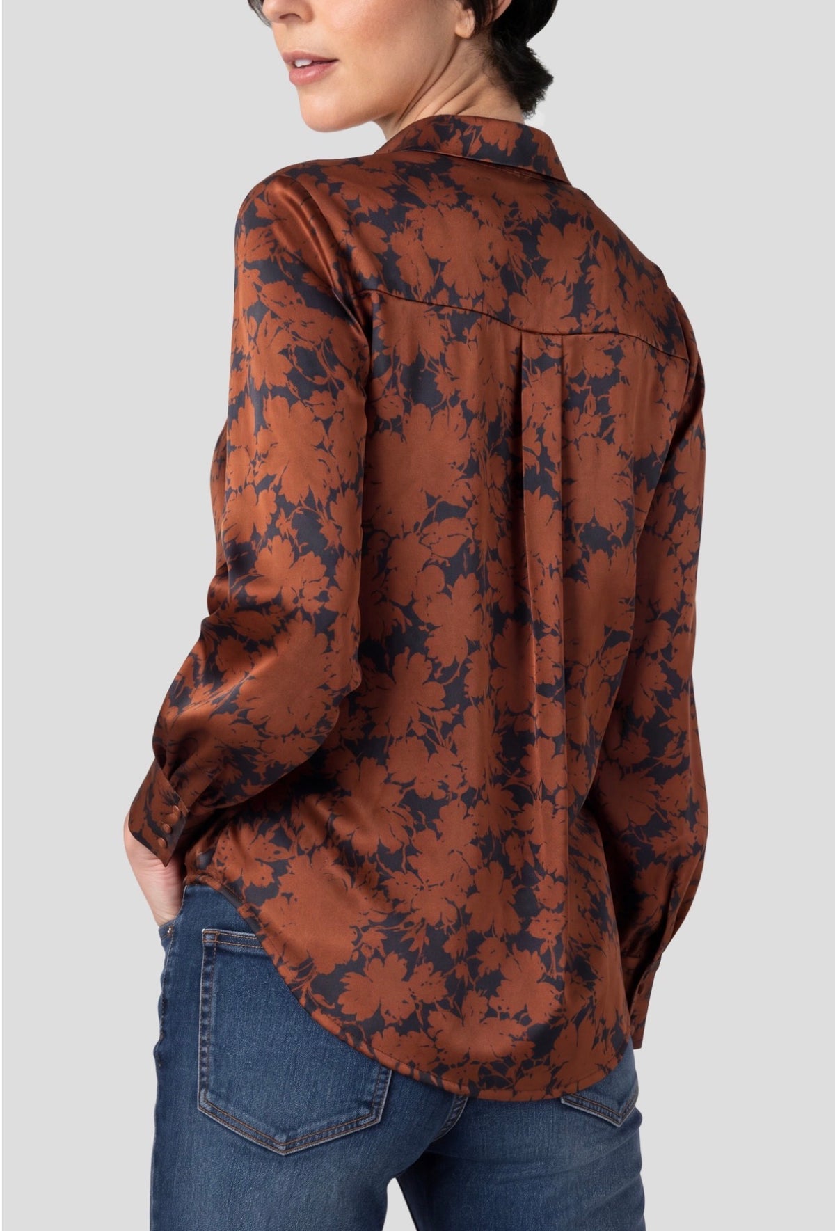 Long sleeve button front woven blouse