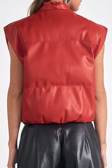 RED SOFT PLEATHER HIGH COLLAR VEST