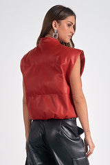 RED SOFT PLEATHER HIGH COLLAR VEST