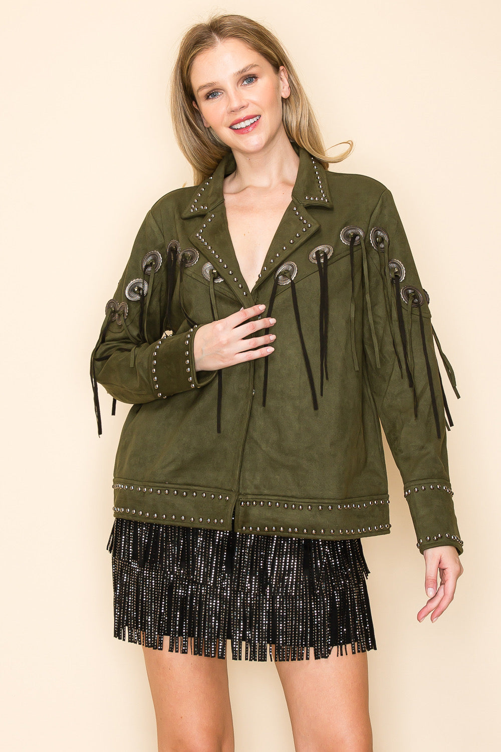 OLIVE JKT WITH FRINGE