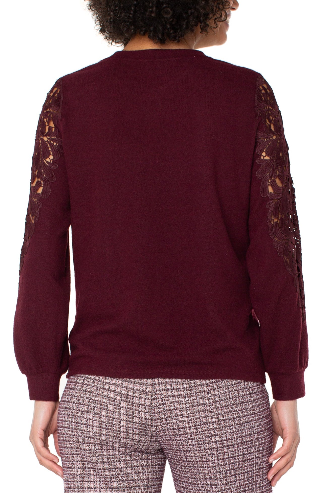 LONG SLEEVE CREW NECK LACE INSERT KNIT TOP