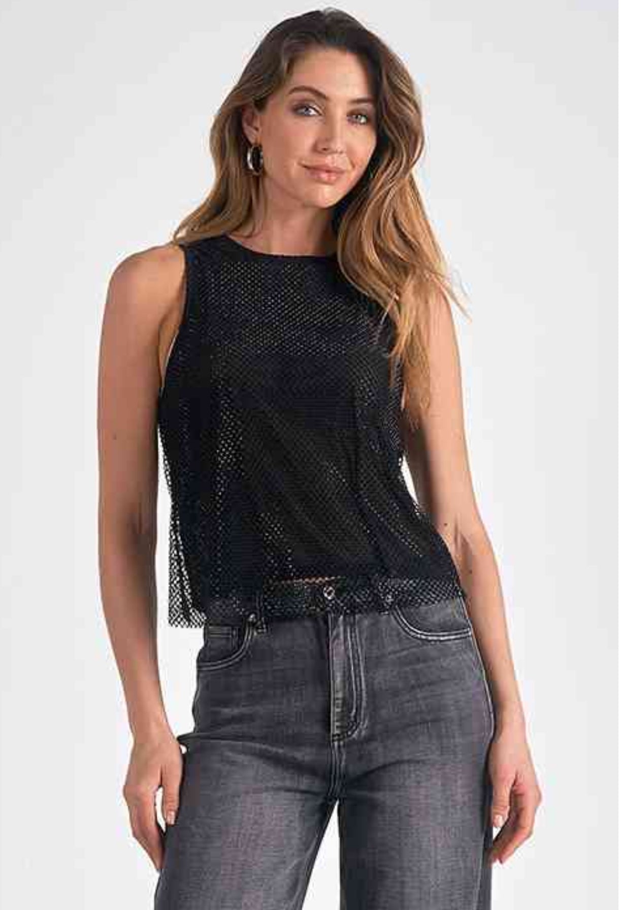 BLACK CREW NECK MESH LAYERED TOP WITH ZIPPER