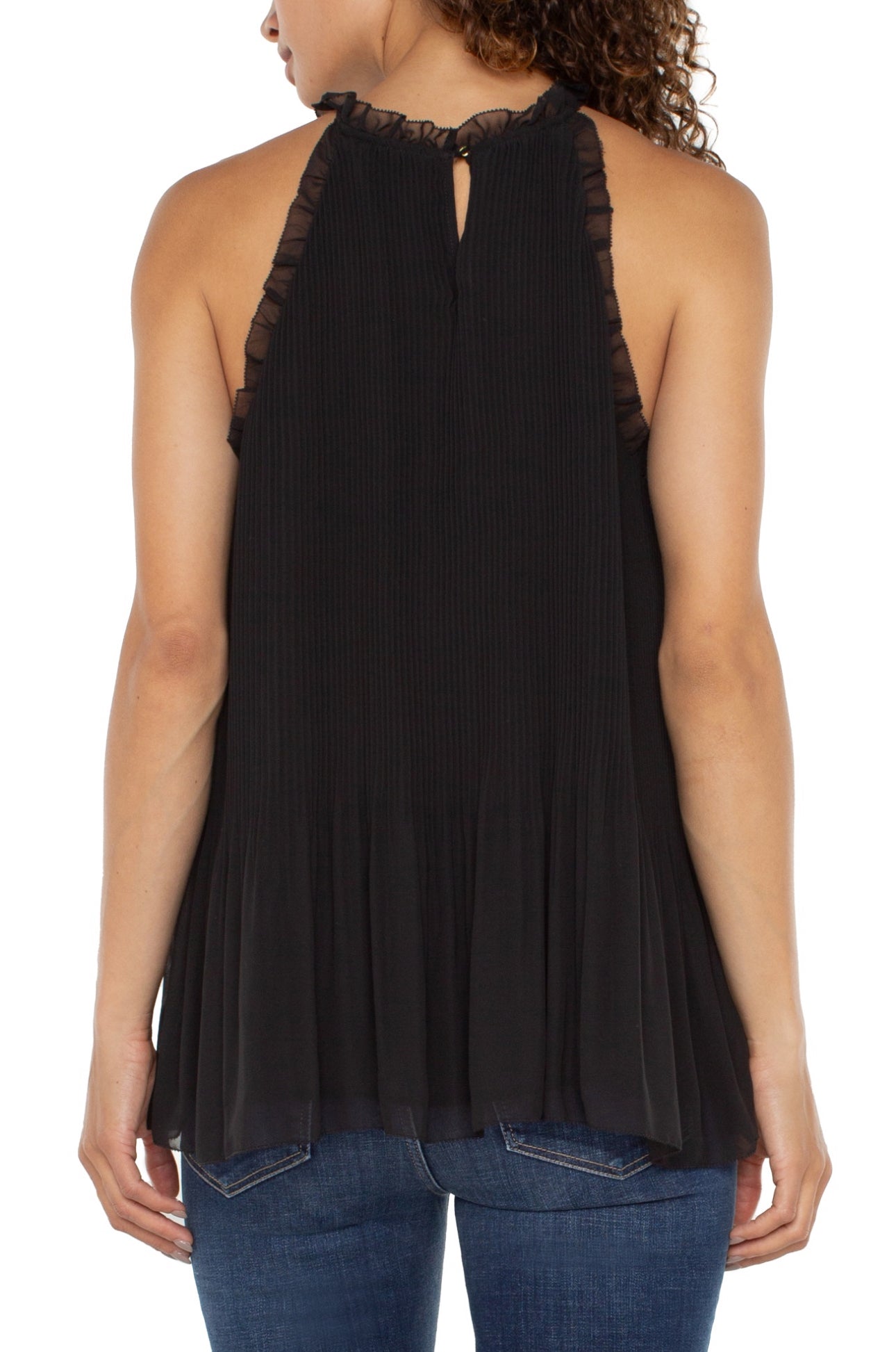 PLEATED SLEEVELESS HALTER TOP WITH RUFFLE