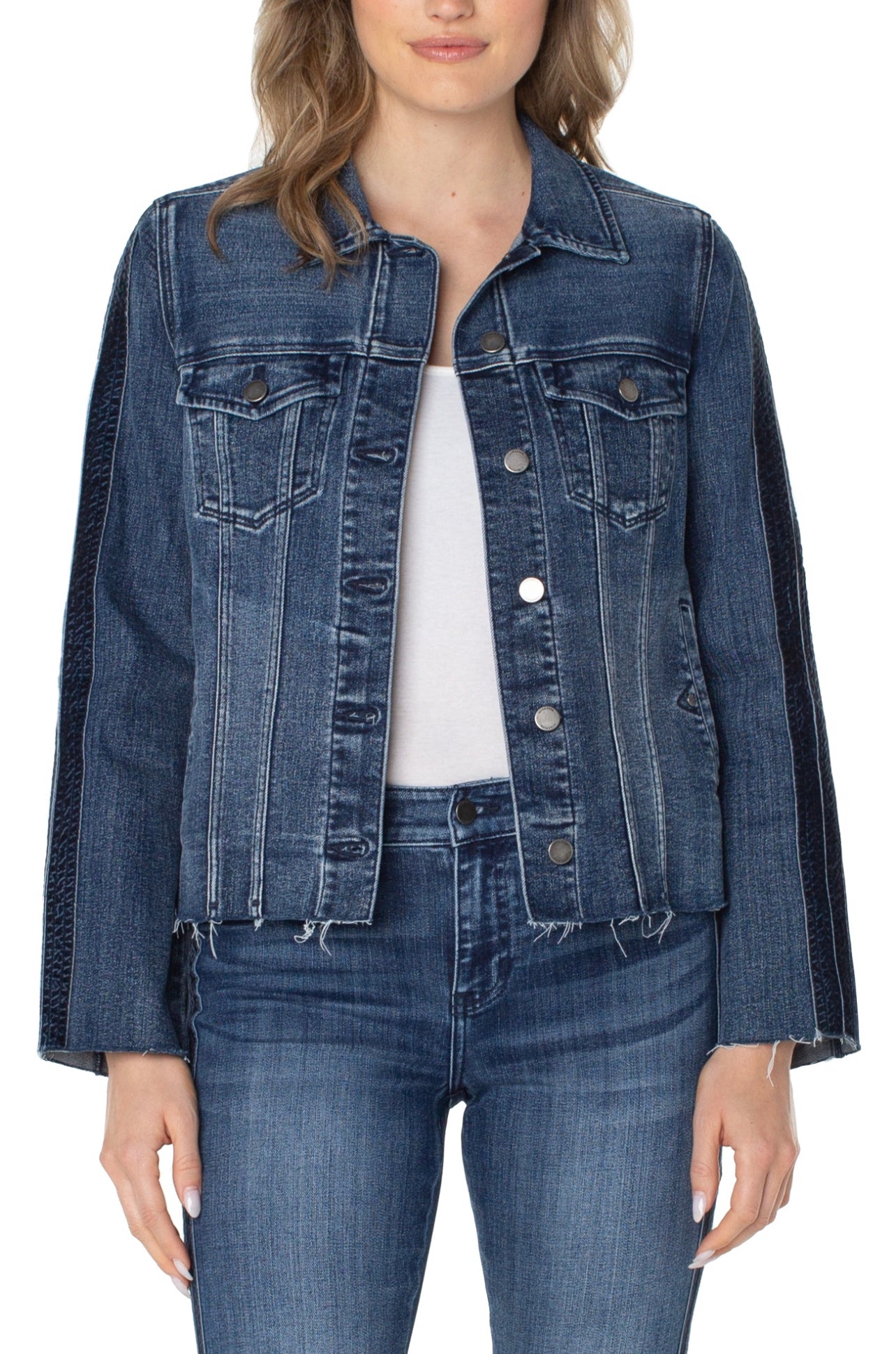 FRAYED JEAN JKT WITH VELVET STRIPING
