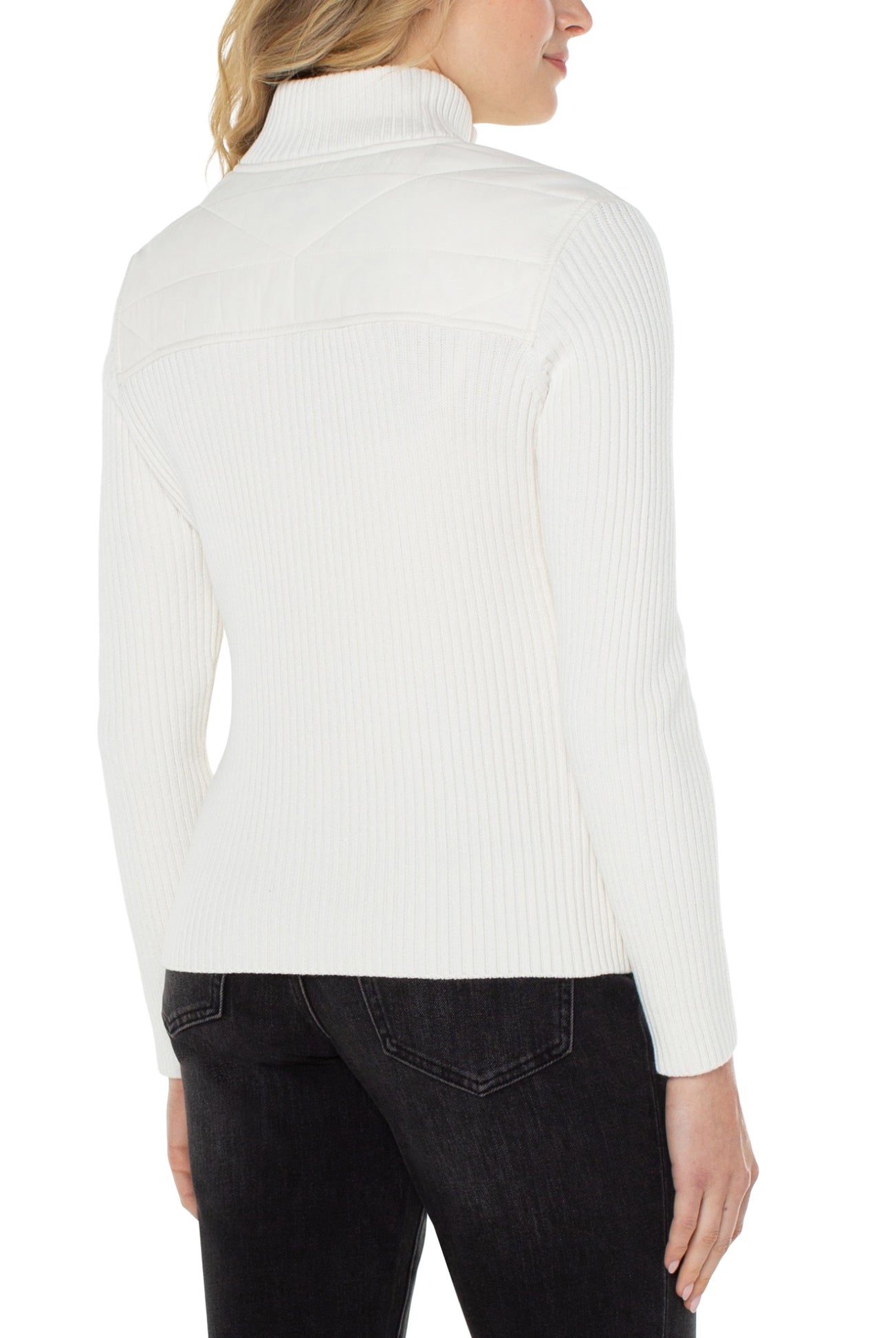 QUILTED FRONT FULL ZIP SWEATER