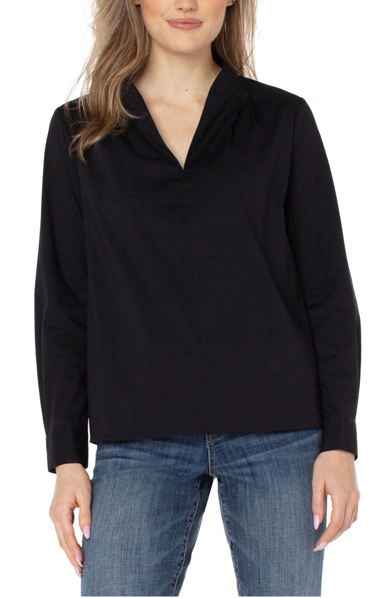 V NECK LONG SLV WOVEN TOP