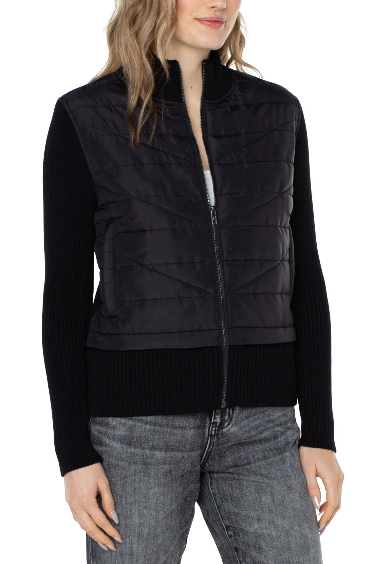 QUILTED FRONT FULL ZIP SWEATER