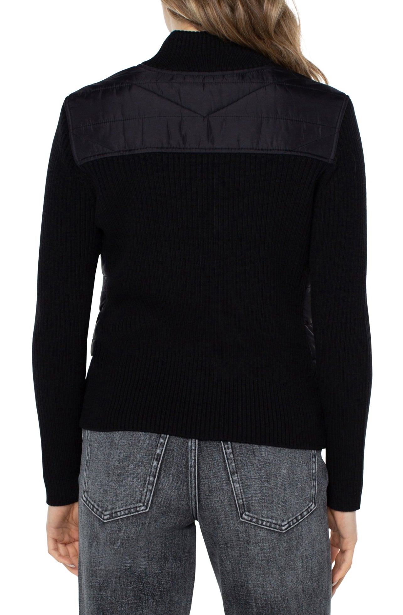 QUILTED FRONT FULL ZIP SWEATER