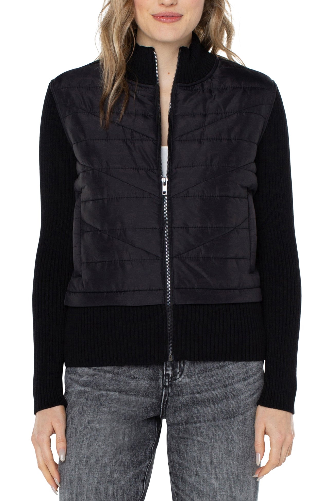 QUILTED FRONT FULL ZIP SWEATER